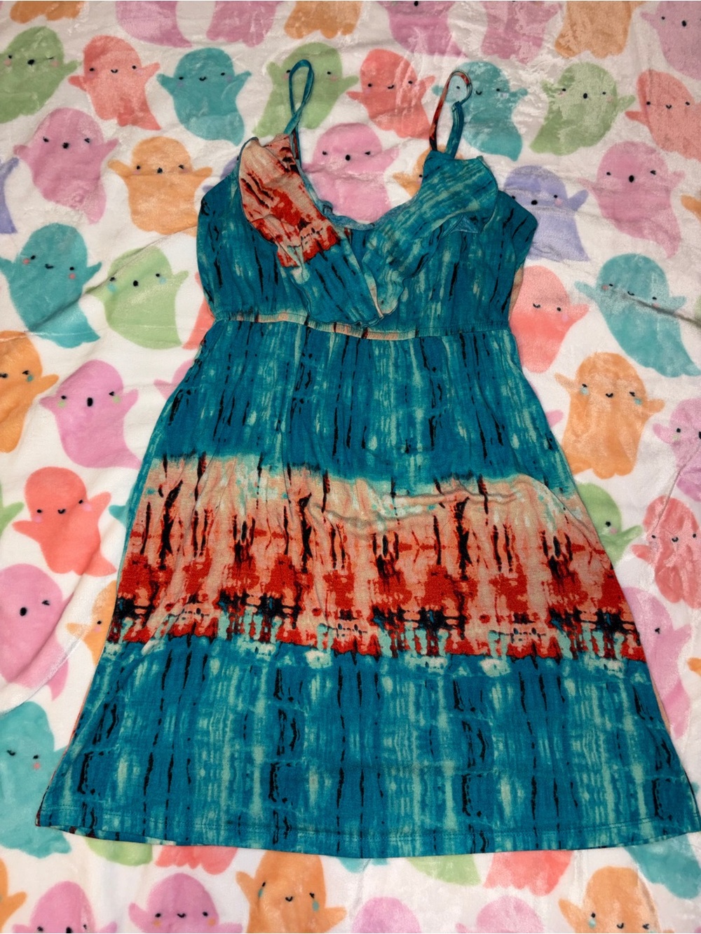 Bobbie Brooks Teal and Coral Tie-Dye Maxi Dress
